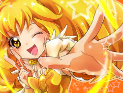 Rule 34 | 10s, 1girl, ;d, bad id, bad pixiv id, blonde hair, bow, cure peace, earrings, eyelashes, foreshortening, hair flaps, hunakosi, jewelry, kise yayoi, long hair, magical girl, one eye closed, open mouth, precure, smile, smile precure!, solo, star (symbol), v, wallpaper, wink, yellow bow, yellow eyes, yellow theme