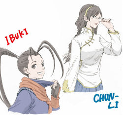 Rule 34 | 2girls, adjusting eyewear, alternate costume, alternate hairstyle, antenna hair, black gloves, blue serafuku, blue skirt, braid, brown eyes, brown hair, character name, chinese clothes, coelacanth (gyotaku), commentary request, cropped torso, earrings, fingerless gloves, glasses, gloves, gold trim, grin, hair ornament, hairband, high ponytail, ibuki (street fighter), jacket, jewelry, looking at viewer, multiple girls, neckerchief, pleated skirt, ponytail, red neckerchief, ribbon, scarf, school uniform, serafuku, skirt, smile, street fighter, street fighter v, toggles, twin braids, uniform, white jacket, white ribbon