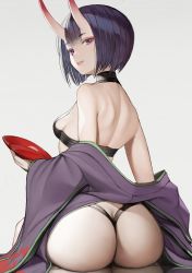 Rule 34 | 1girl, absurdres, ass, ass focus, bob cut, butt crack, cup, eyeliner, fate/grand order, fate (series), highres, horns, japanese clothes, kimono, makeup, nyatabe, oni, open clothes, open kimono, purple eyes, purple hair, purple kimono, revealing clothes, sakazuki, shuten douji (fate), skin-covered horns, skindentation, thong