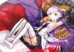 Rule 34 | 1girl, arm up, armpits, belt, belt pouch, black skirt, blue eyes, blunt bangs, breasts, candy, checkerboard cookie, collarbone, cookie, couch, cup, cushion, drinking, drinking straw, eyebrows, fabric, feet, food, full body, fuzichoco, garter straps, highres, holding, holding cup, kenja no deshi wo nanoru kenja, knees up, legs together, long hair, looking at viewer, lying, miniskirt, mira (kendeshi), no shoes, on back, on couch, panties, pantyshot, pouch, see-through, shirt, skirt, sleeveless, sleeveless shirt, small breasts, solo, tassel, thighhighs, thumbprint cookie, tray, underwear, white hair, white panties, white shirt, white thighhighs