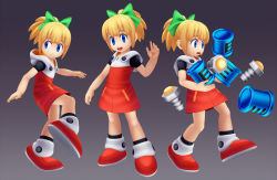 Rule 34 | 1girl, 3d, :d, :o, bare arms, black legwear, blonde hair, blue eyes, blunt bangs, bow, capcom, closed mouth, commentary request, dress, energy tank, flat chest, full body, gradient background, green bow, hair bow, hooded dress, long hair, looking at viewer, looking to the side, mega man (classic), mega man (series), mega man 11, multiple views, open mouth, ponytail, red dress, red footwear, roll (mega man), screw, shoes, short sleeves, sidelocks, smile, socks, standing, standing on one leg, taisa 3d, two-tone background, walking, zipper