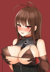 Rule 34 | 1girl, antenna hair, bad id, bad pixiv id, bare shoulders, between breasts, bikini, bikini top only, black necktie, blunt bangs, blush, breast hold, breasts, brown bikini, brown gloves, brown hair, canape (canape0130), cleavage, commentary, corset, covered erect nipples, dsr-50 (girls&#039; frontline), elbow gloves, girls&#039; frontline, gloves, large breasts, looking at viewer, necktie, necktie between breasts, nose blush, parted lips, red background, red eyes, sidelocks, simple background, smile, solo, straight hair, sweat, swimsuit, untied bikini, upper body