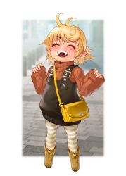 Rule 34 | 1girl, antenna hair, bag, blurry, blurry background, blush, boots, brown footwear, character request, child, closed eyes, copyright request, fangs, open mouth, pointy ears, ribbed sweater, shoulder bag, sleeves past wrists, solo, standing, striped legwear, sweater, teeth, vanilla (v-palace)