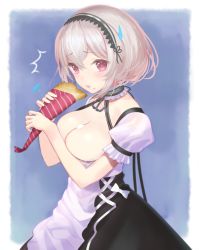 Rule 34 | 1girl, anchor choker, apron, azur lane, black dress, blue background, bow, breasts, choker, cleavage, crepe, dress, eyelashes, food, food on body, food on breasts, food on face, frilled choker, frills, from side, furrowed brow, hair between eyes, hair intakes, hairband, hands up, highres, holding, holding food, lace-trimmed hairband, lace trim, large breasts, looking at viewer, nanam (nanam sk), open mouth, puffy short sleeves, puffy sleeves, red eyes, shiny skin, short hair, short sleeves, sirius (azur lane), solo, surprised, tongue, two-tone background, two-tone dress, upper body, waist apron, white apron, white background, white bow, white dress, white frills, white hair