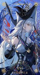 Rule 34 | 1girl, arknights, bare shoulders, black dress, black hat, black sleeves, character name, detached sleeves, dress, fanhualuoying307, grey hair, hat, highres, long hair, long sleeves, looking at viewer, parted lips, puffy long sleeves, puffy sleeves, red eyes, roman numeral, solo, specter (arknights), specter the unchained (arknights), tarot, tarot (medium), very long hair