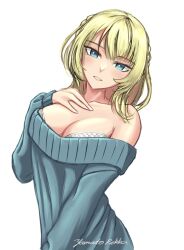 Rule 34 | 1girl, alternate costume, artist name, bare shoulders, blonde hair, blue eyes, blue sweater, breasts, cleavage, collarbone, colorado (kancolle), cowboy shot, hand on own chest, kantai collection, large breasts, long sleeves, looking at viewer, off-shoulder sweater, off shoulder, one-hour drawing challenge, rekka yamato, short hair, simple background, smile, solo, sweater, white background