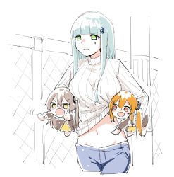 Rule 34 | 3girls, aged down, angry, aqua hair, carrying, carrying under arm, chibi, clothes lift, commentary request, denim, facial mark, fence, girls&#039; frontline, green eyes, grey hair, hair ornament, highres, hk416 (girls&#039; frontline), holding, jeans, long sleeves, multiple girls, navel, open mouth, orange eyes, orange hair, pants, shinoe nun, shirt lift, side ponytail, sketch, sweater, teardrop, turtleneck, ump45 (girls&#039; frontline), ump9 (girls&#039; frontline), yellow eyes