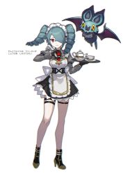 Rule 34 | ankle boots, apron, blue hair, boots, creatures (company), cup, dress, drill hair, game freak, gen 6 pokemon, hair over one eye, high heel boots, high heels, highres, loalo, maid, maid apron, maid headdress, nintendo, noibat, original, pale skin, pointy ears, poke ball, pokemon, pokemon (creature), red eyes, teacup, teapot, thigh strap, tray, twin drills, white background