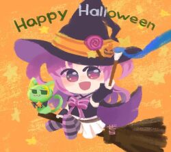 Rule 34 | 1girl, :3, :d, alina gray, animalization, bad id, bad twitter id, black cape, black hat, black shirt, black sleeves, blush, broom, broom riding, candy, cape, cat, chibi, crop top, detached sleeves, food, gera-magia, halloween, happy halloween, hat, holding, holding paintbrush, jack-o&#039;-lantern, lollipop, magia record: mahou shoujo madoka magica gaiden, magical girl, mahou shoujo madoka magica, misono karin, open mouth, paintbrush, parted bangs, pink ribbon, pleated skirt, purple eyes, purple hair, purple thighhighs, ribbon, shirt, skirt, smile, solo, star (symbol), striped clothes, striped thighhighs, swirl lollipop, thighhighs, two side up, white skirt, witch hat