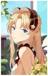 Rule 34 | 1girl, azur lane, bare shoulders, blonde hair, blue eyes, blue sky, blurry, blurry background, blurry foreground, blush, bow, braid, breasts, closed mouth, cloud, day, depth of field, dress, flower, frills, from side, hair between eyes, hair flower, hair ornament, highres, long hair, looking at viewer, medium breasts, official alternate costume, outdoors, parted bangs, parted lips, ping zhong yu, sidelocks, sky, sleeveless, smile, solo, upper body, vanguard (azur lane), vanguard (half-hearted masquerade) (azur lane), very long hair, white dress, white flower, white headwear