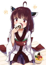 Rule 34 | 1girl, ahoge, blue skirt, brown hair, commentary request, fang, food, hand up, headgear, highres, holding, holding food, japanese clothes, kimono, lamb (hitsujiniku), long hair, long sleeves, obi, onigiri, open mouth, pleated skirt, red eyes, sash, simple background, sitting, skirt, solo, squeans, sun symbol, touhoku kiritan, voiceroid, white background, white kimono, wide sleeves