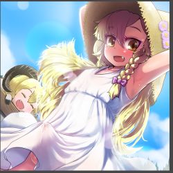 Rule 34 | 2boys, alternate costume, arm up, armpits, blonde hair, blue sky, blush, bow, braid, bulge, closed eyes, cloud, commentary request, cookie (touhou), crossdressing, cum, cum in clothes, cum through clothes, day, dress, erection, erection under clothes, fang, fence, futanari, genderswap, genderswap (ftm), hair between eyes, hair bow, kirisame marisa, lens flare, long hair, looking at viewer, looking down, male focus, multiple boys, no panties, open mouth, otemoto (baaaaloooo), outdoors, precum, precum through clothes, purple bow, rei (cookie), see-through, sheep, sheep boy, side braid, single braid, sky, sleeveless, sleeveless dress, solo focus, sundress, testicles, touhou, trap, upper body, white dress, yellow eyes