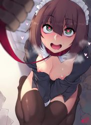 Rule 34 | 1girl, animal collar, artist name, bad id, bad twitter id, between legs, black jacket, blunt bangs, blush, breasts, breasts out, brown hair, brown thighhighs, collar, from above, green eyes, hair between eyes, hand between legs, heart, heart-shaped pupils, heavy breathing, jacket, jjune, kneeling, leash, lipstick, long sleeves, looking up, maid, maid headdress, makeup, medium breasts, nipples, nose blush, open clothes, open jacket, open mouth, original, pink lips, saliva, short hair, slave, solo focus, sweat, symbol-shaped pupils, thighhighs, viewer holding leash