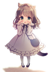 Rule 34 | 1girl, animal bag, animal ear fluff, animal ears, bag, black bow, black footwear, blush, bow, brown bow, brown hair, cat bag, cat day, cat ears, cat girl, cat tail, chitosezaka suzu, commentary request, dress, frilled dress, frills, full body, green eyes, hair bow, hands up, long hair, long sleeves, open mouth, original, pantyhose, shoes, shoulder bag, solo, standing, tail, tears, white background, white dress, white pantyhose
