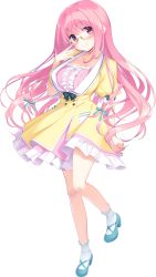 Rule 34 | 1girl, anneliese, blue footwear, blush, dress, full body, hand on own face, highres, kimagure temptation, kimishima ao, long hair, looking at viewer, mary janes, official art, pink eyes, pink hair, semi-rimless eyewear, shoes, short sleeves, smile, solo, transparent background, under-rim eyewear