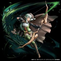 Rule 34 | 1girl, aiming, arrow (projectile), artist request, belt, black bow, black gloves, boots, bow, bow (weapon), breasts, brown footwear, cloak, corset, crossover, detached sleeves, elf, full body, gloves, goblin slayer!, grand summoners, green eyes, green hair, green thighhighs, hair bow, hair intakes, high elf archer (goblin slayer!), hood, hood up, knee boots, leaf, long hair, loose belt, low ponytail, official art, pointing, pointing forward, pointy ears, quiver, serious, shorts, sidelocks, single detached sleeve, small breasts, solo, thighhighs, thighhighs under boots, translation request, weapon, wind, zettai ryouiki