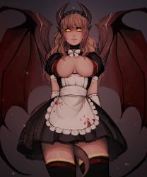 Rule 34 | 1girl, absurdres, animal ears, apron, bad id, bad tumblr id, between legs, black dress, black thighhighs, blonde hair, breasts, breasts apart, bright pupils, cowboy shot, dragon girl, dragon horns, dragon tail, dragon wings, dress, elbow gloves, gloves, grey background, highres, horns, large breasts, long hair, looking at viewer, maid, maid apron, maid headdress, matilda fiship, original, parted lips, patreon username, pointy ears, puffy short sleeves, puffy sleeves, sash, short sleeves, slit pupils, smile, solo, sparks, standing, tail, tail between legs, thighhighs, white gloves, wings, yellow eyes