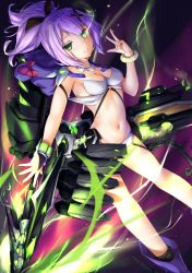 Rule 34 | 1girl, animal ears, animal hood, azur lane, bare arms, bare legs, bear ears, black ribbon, blue footwear, boots, bracelet, breasts, cleavage, closed mouth, collarbone, commentary request, fake animal ears, feet out of frame, garter straps, glowing, glowing eye, green eyes, hair ornament, hair over one eye, hair ribbon, hand up, holding, holding polearm, holding spear, holding weapon, hood, hood down, javelin (azur lane), jewelry, light, long hair, looking at viewer, machinery, medium breasts, midriff, navel, polearm, ponytail, purple hair, revealing clothes, ribbon, science fiction, shimo (shimo332215), smile, smoke, solo, spear, stomach, thighs, turret, w, weapon, x hair ornament