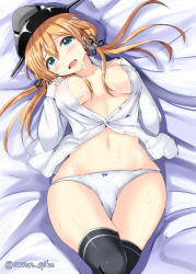 Rule 34 | 10s, 1girl, anchor hair ornament, areola slip, bed, blonde hair, blouse, breasts, gin&#039;ichi (akacia), green eyes, hair ornament, hat, kantai collection, medium breasts, military hat, naked shirt, navel, no bra, no pants, open clothes, open shirt, panties, pleated skirt, prinz eugen (kancolle), shirt, skirt, solo, stomach, sweat, tears, thighhighs, twintails, underwear, white shirt