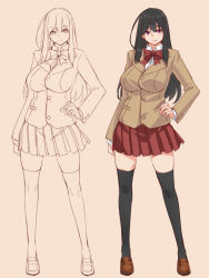 Rule 34 | 1girl, beige background, black hair, black thighhighs, blush, bow, brown footwear, character sheet, closed mouth, fingernails, hand on own hip, hayama kazusa, highres, long hair, multiple views, original, purple eyes, red bow, red neckwear, red skirt, school uniform, simple background, sketch, skirt, sleeves past wrists, smile, standing, thighhighs, uniform