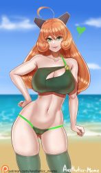 Rule 34 | 1girl, aestheticc-meme, android, bikini, body freckles, breasts, cameltoe, cleavage, cleft of venus, covered erect nipples, curvy, female focus, freckles, green eyes, highres, huge breasts, looking at viewer, navel, orange hair, penny polendina, robot, robot girl, rwby, smile, solo, swimsuit, thighhighs, upper body