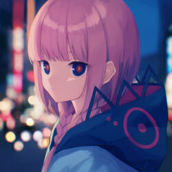 Rule 34 | 1girl, blue eyes, blue jacket, blunt bangs, blurry, blurry background, bokeh, braid, city, city lights, closed mouth, commentary request, depth of field, expressionless, from side, highres, hood, hood down, hooded jacket, jacket, kaf (kamitsubaki studio), kamitsubaki studio, long hair, looking at viewer, looking to the side, low twin braids, multicolored eyes, night, open clothes, open jacket, outdoors, pink hair, portrait, red eyes, sidelighting, solo, squallea, twin braids, virtual youtuber, yellow pupils