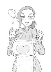 Rule 34 | 1girl, :d, apron, ayako (twrlare), blush, breasts, commentary, english commentary, frilled apron, frills, greyscale, hands up, heart, huge breasts, ladle, long hair, long sleeves, looking at viewer, mole, mole under eye, monochrome, open mouth, original, ponytail, ribbed sweater, smile, solo, sweater, turtleneck, turtleneck sweater, twrlare