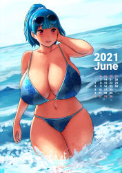 Rule 34 | 1girl, absurdres, bare shoulders, bikini, blue bikini, blue hair, breasts, calendar (medium), cleavage, curvy, erkaz, eyewear on head, high ponytail, highres, huge breasts, long hair, medium hair, navel, ocean, original, parted lips, partially submerged, ponytail, red eyes, rina atherina, smile, solo, standing, swimsuit, thick thighs, thigh gap, thighs, water, waves, wide hips