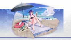 Rule 34 | 1girl, arknights, arm support, bare legs, bare shoulders, barefoot, beach, beach towel, beach umbrella, bikini, black bikini, black nails, blue eyes, blue hair, blue sky, breasts, brown-tinted eyewear, character name, cleavage, cloud, cup, day, drinking glass, fenglai thewind, halo, hand up, highres, holding, holding cup, horns, innertube, knees together feet apart, knees up, long hair, looking at viewer, looking over eyewear, looking over glasses, medium breasts, mostima (arknights), nail polish, outdoors, sitting, sky, solo, sunglasses, swim ring, swimsuit, tail, thighs, tinted eyewear, toenail polish, toenails, towel, umbrella