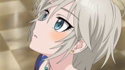 Rule 34 | 1girl, anastasia (idolmaster), anime coloring, blue eyes, blurry, blurry background, blush, checkered floor, damascus (dearigazu2001), earrings, hair between eyes, highres, idolmaster, idolmaster cinderella girls, jewelry, looking up, open mouth, portrait, short hair, silver hair, solo