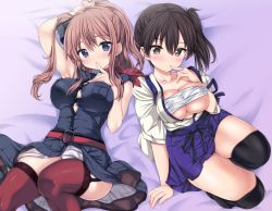 Rule 34 | 10s, 2girls, arm behind head, arm support, bad id, bad nicoseiga id, black dress, black legwear, blue skirt, blush, bra, breast pocket, breasts, breasts out, brown hair, bursting breasts, commentary request, dress, garter straps, hair between eyes, hakama, hakama short skirt, hakama skirt, hand on own chest, impossible clothes, japanese clothes, jitome, kaga (kancolle), kantai collection, large breasts, long hair, looking at viewer, multiple girls, nijimotohiro k, open clothes, pocket, red legwear, remodel (kantai collection), saratoga (kancolle), short hair, side ponytail, skindentation, skirt, skirt set, thighhighs, thighs, underboob, underwear, white bra