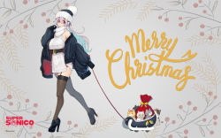 Rule 34 | 1girl, :3, animal, aqua hair, aran sweater, bare shoulders, black santa costume, black thighhighs, breasts, cable knit, cat, christmas, fur trim, garter straps, hat, headphones, high heels, highres, jacket, large breasts, long hair, looking at viewer, multicolored hair, nitroplus, off shoulder, official art, official wallpaper, open clothes, open mouth, pink eyes, pink hair, sack, santa costume, santa hat, sitting, sleeveless, sleigh, smile, solo, super sonico, sweater, thighhighs, tsuji santa, turtleneck, turtleneck sweater, two-tone hair, wallpaper