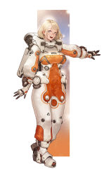 Rule 34 | 1girl, absurdres, arm at side, blonde hair, blue eyes, blunt bangs, boots, border, breasts, cameltoe, full body, glasses, highres, instant ip, large breasts, long sleeves, looking at viewer, medium hair, open hands, open mouth, original, outside border, outstretched arm, solo, spacesuit, standing, white border