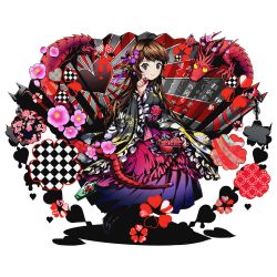 Rule 34 | 10s, 1girl, black eyes, brown hair, divine gate, dress, full body, heart, holding, long hair, looking at viewer, nail polish, official art, red nails, shadow, smile, solo, transparent background, ucmm