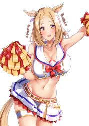 Rule 34 | 1girl, absurdres, animal ears, arm up, armpits, bare arms, bare shoulders, blood, bow, breasts, cheerleader, cleavage, collarbone, commentary request, cowboy shot, crop top, groin, hand up, highres, holding, holding pom poms, horse ears, komb, large breasts, looking at viewer, medium hair, microskirt, midriff, narita top road (umamusume), navel, nice nature (run&amp;win) (umamusume), open mouth, pom pom (cheerleading), pom poms, red bow, shirt, simple background, skirt, skirt set, sleeveless, sleeveless shirt, solo, standing, stomach, tail, thigh strap, thighs, translation request, umamusume, white background, white shirt, white skirt, yellow background