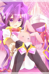 Rule 34 | 1boy, :x, black footwear, blush, boots, bow, coat, headgear, highres, holding, holding stuffed toy, looking at viewer, male focus, open mouth, pants, purple eyes, purple hair, purple shirt, red bow, red ribbon, rento (rukeai), ribbon, saikyou ginga ultimate zero ~battle spirits~, shirt, smile, solo, spiked hair, stuffed animal, stuffed rabbit, stuffed toy, teddy bear, white coat, white pants, zero the flash