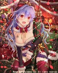 Rule 34 | 1girl, bell, blush, breasts, cherry earrings, christmas, christmas lights, christmas tree, christmas wreath, cleavage, earrings, falkyrie no monshou, fang, food-themed earrings, food themed earrings, jewelry, large breasts, light purple hair, looking at viewer, mistletoe, natsumekinoko, official art, open mouth, red eyes, red thighhighs, seiza, sitting, smile, solo, thighhighs, wreath