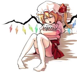 Rule 34 | 1girl, closed eyes, flandre scarlet, hat, koissa, mob cap, pillow, puffy short sleeves, puffy sleeves, remilia scarlet, short sleeves, side ponytail, simple background, sitting, sleeping, solo, thighhighs, touhou, white background, white thighhighs, wings
