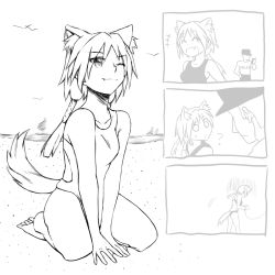 Rule 34 | 1girl, animal ears, artist request, beach, between legs, bird, comic, cuffs, fang, fang out, full body, galil ar (upotte!!), greyscale, hand between legs, handcuffs, kneeling, monochrome, one-piece swimsuit, one eye closed, open mouth, police, sand, smile, swimsuit, tail, upotte!!