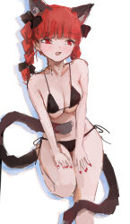 Rule 34 | absurdres, against wall, animal ears, bikini, blunt bangs, braid, breasts, cat ears, cat tail, cleavage, drop shadow, extra ears, foot out of frame, foot up, highres, kaenbyou rin, large breasts, multiple tails, nail polish, nekomata, open mouth, red eyes, red hair, red nails, reddizen, simple background, standing, standing on one leg, swimsuit, tail, touhou, twin braids, two tails, white background