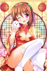 Rule 34 | 1girl, :d, animal print, bare shoulders, bird, bird print, blush, breasts, brown hair, china dress, chinese clothes, cleavage, cleavage cutout, clothing cutout, clover, clover hair ornament, convenient leg, dress, female focus, floral print, full body, hair ornament, head tilt, headband, highres, kanji, legs up, looking at viewer, no shoes, one eye closed, open mouth, original, short hair, sitting, smile, solo, thighhighs, thighs, wall, white thighhighs, window, wink, yagami-all hail nanao