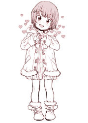 Rule 34 | 1girl, child, dress, female focus, full body, heart, heart hands, jacket, looking at viewer, monochrome, open mouth, original, ponsuke (pon00000), short hair, solo, standing