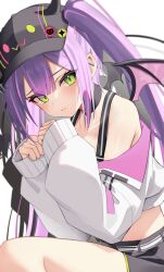 Rule 34 | 1girl, absurdres, bare shoulders, black hat, blush, closed mouth, demon wings, ear piercing, from side, green eyes, hat, highres, hololive, horned hat, jacket, long hair, long sleeves, looking at viewer, off shoulder, piercing, purple hair, sitting, sleeves past wrists, solo, thomas 8000, tokoyami towa, tokoyami towa (1st costume), twintails, virtual youtuber, white jacket, wings