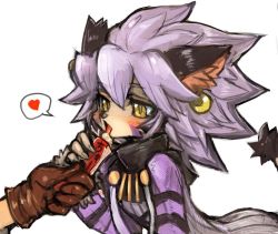 Rule 34 | 1girl, animal ears, blush, brown gloves, cat ears, cat girl, cat tail, dakusuta, earrings, elh melizee, facial mark, gloves, grey hair, hair between eyes, heart, holding, jewelry, leaning forward, little tail bronx, out of frame, short hair, solatorobo, speech bubble, spoken heart, tail, tongue, tongue out, white background, yellow eyes
