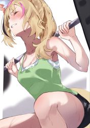 Rule 34 | 1girl, animal ears, barbell, bike shorts, black hair, blonde hair, blush, breasts, casual, cleavage, clenched teeth, exercising, closed eyes, fox ears, fox tail, hololive, long hair, midriff, multicolored hair, navel, omaru polka, open mouth, pink hair, ponytail, solo, squatting, streaked hair, sweat, tail, tank top, teeth, tsushi, virtual youtuber