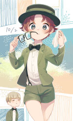 Rule 34 | 2boys, ?, black bow, black bowtie, black eyes, black headwear, blonde hair, blush, bow, bowtie, brown hair, buttons, closed mouth, green jacket, green shorts, handkerchief, highres, holding, holding handkerchief, holding removed eyewear, jacket, jeff andonuts, male focus, mother (game), mother 2, multiple boys, nintendo, shifumame, shirt, short hair, shorts, smile, suspenders, tony (mother 2), unworn eyewear, white shirt