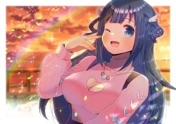 Rule 34 | amano nene (vtuber), blurry, breasts, cleavage cutout, clothing cutout, depth of field, heart cutout, highres, kou hiyoyo, large breasts, md5 mismatch, pink sweater, production kawaii, resolution mismatch, solo, source smaller, sweater, turtleneck, turtleneck sweater, virtual youtuber, wing hair ornament