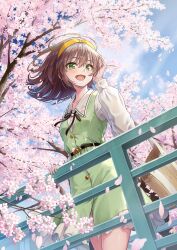 Rule 34 | 1girl, against railing, belt, blue sky, brown hair, cherry blossoms, cloud, dress, frilled dress, frills, from below, green dress, green eyes, hairband, hand on railing, highres, holding, long sleeves, looking to the side, macha0331, medium hair, open mouth, original, outdoors, railing, shirt, sky, smile, white shirt, yellow hairband
