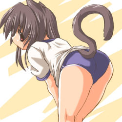Rule 34 | animal ears, ass, bent over, black hair, buruma, from behind, gym uniform, looking back, lowres, original, red eyes, solo, tail, tonpuu