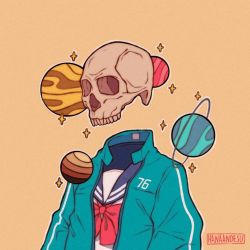Rule 34 | 1other, aqua jacket, artist name, blue sailor collar, bow, floating, hanaan, jacket, original, outline, planet, red bow, red neckwear, sailor collar, saturn (planet), shirt, simple background, skull, solo, sparkle, upper body, white outline, white shirt, yellow background